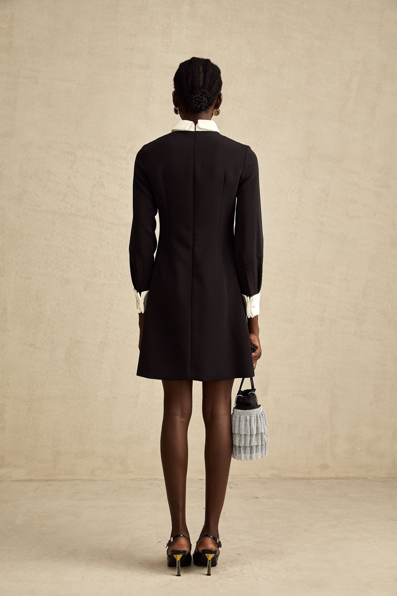 Brianna Mini Dress - Pointed Collar - Long Sleeves - Crystal Embellishment - Contrast Colors