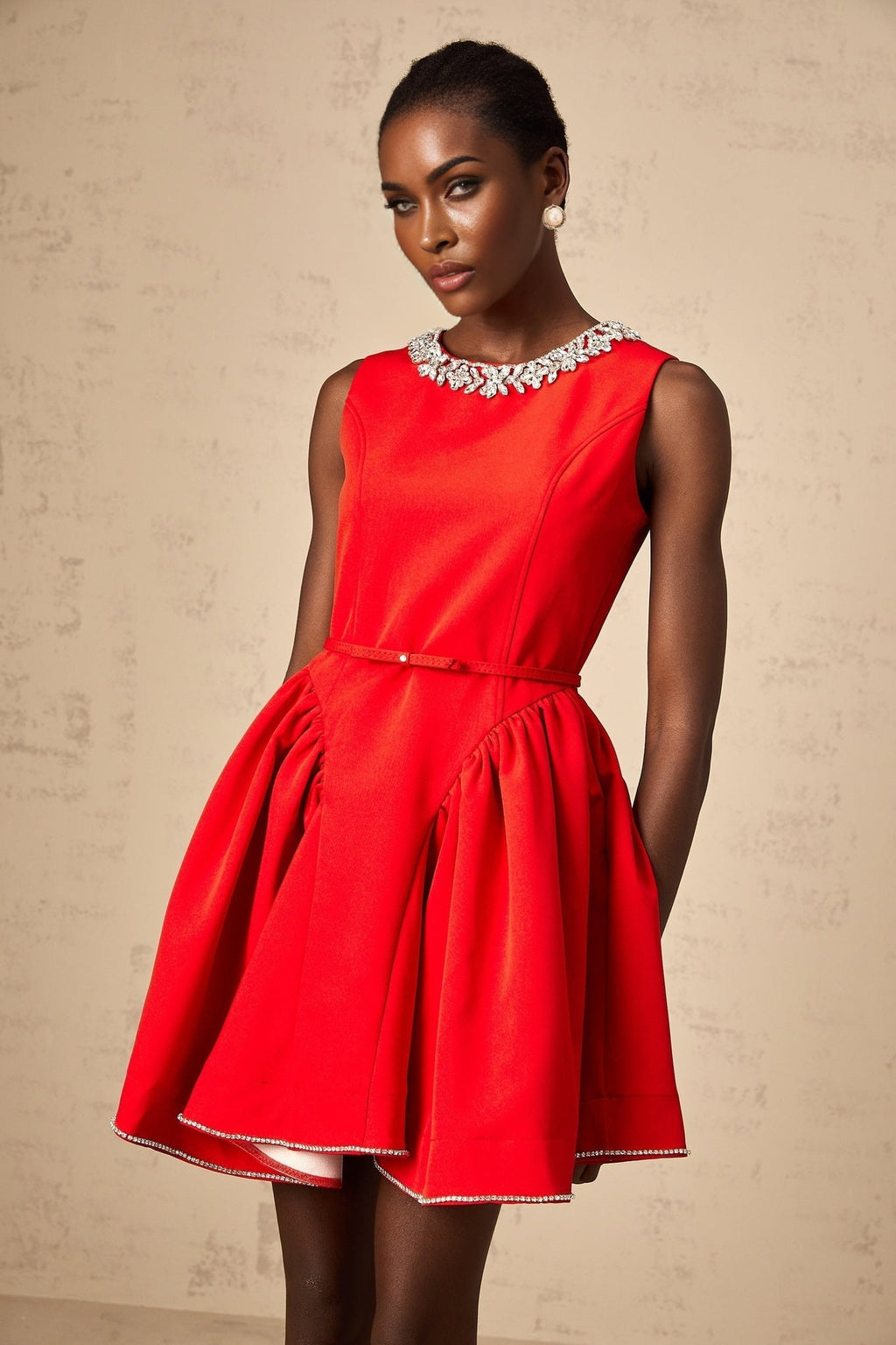 Brianna Mini Dress - Sleeveless - Belted Waist - Crystal Embellishment - Pleated Detailing
