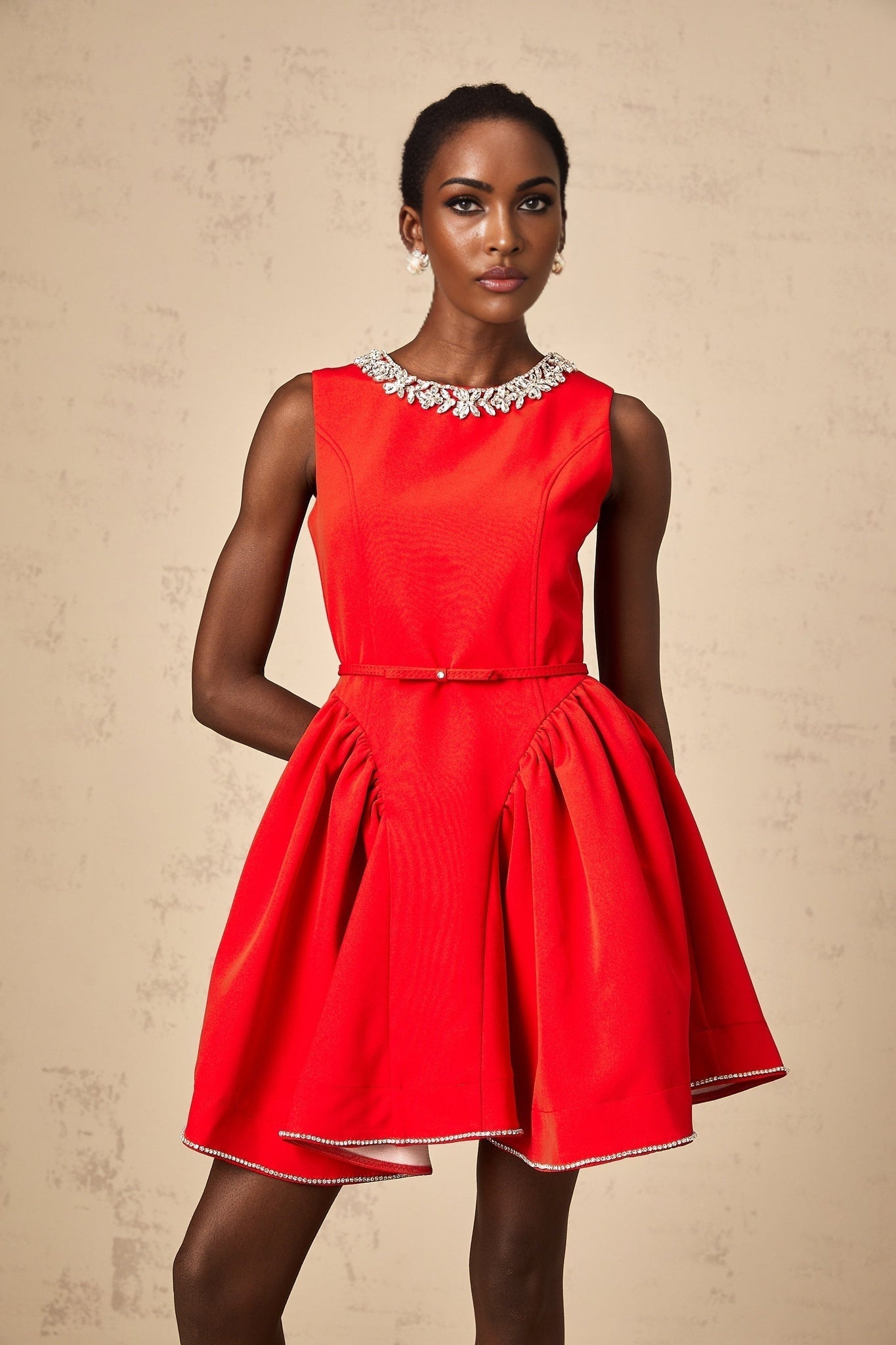 Brianna Mini Dress - Sleeveless - Belted Waist - Crystal Embellishment - Pleated Detailing