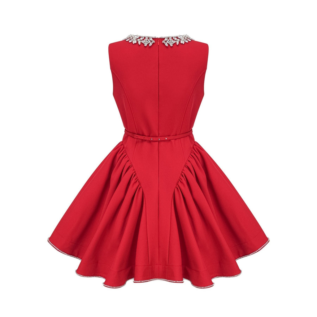 Brianna Mini Dress - Sleeveless - Belted Waist - Crystal Embellishment - Pleated Detailing