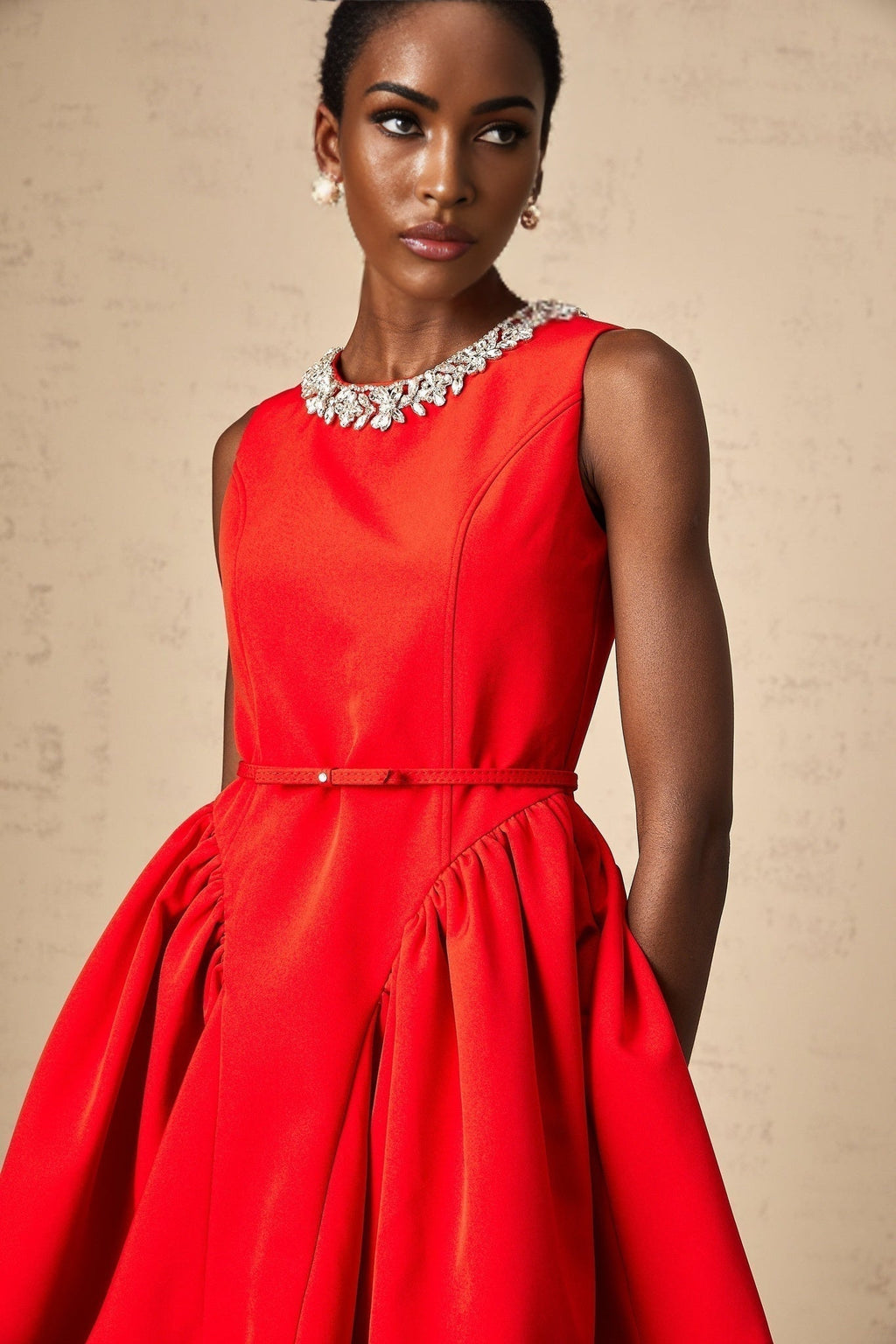 Brianna Mini Dress - Sleeveless - Belted Waist - Crystal Embellishment - Pleated Detailing