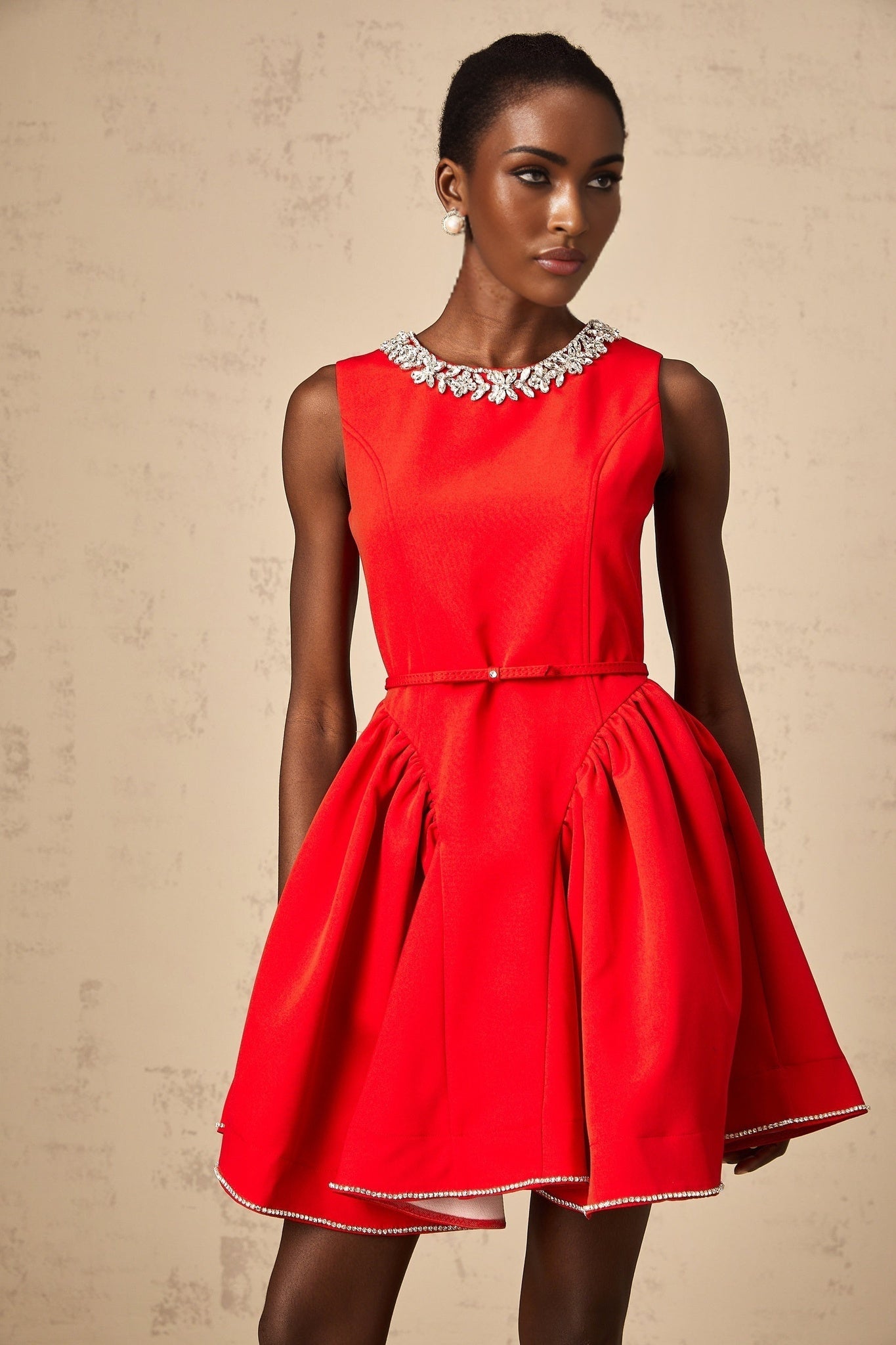 Brianna Mini Dress - Sleeveless - Belted Waist - Crystal Embellishment - Pleated Detailing