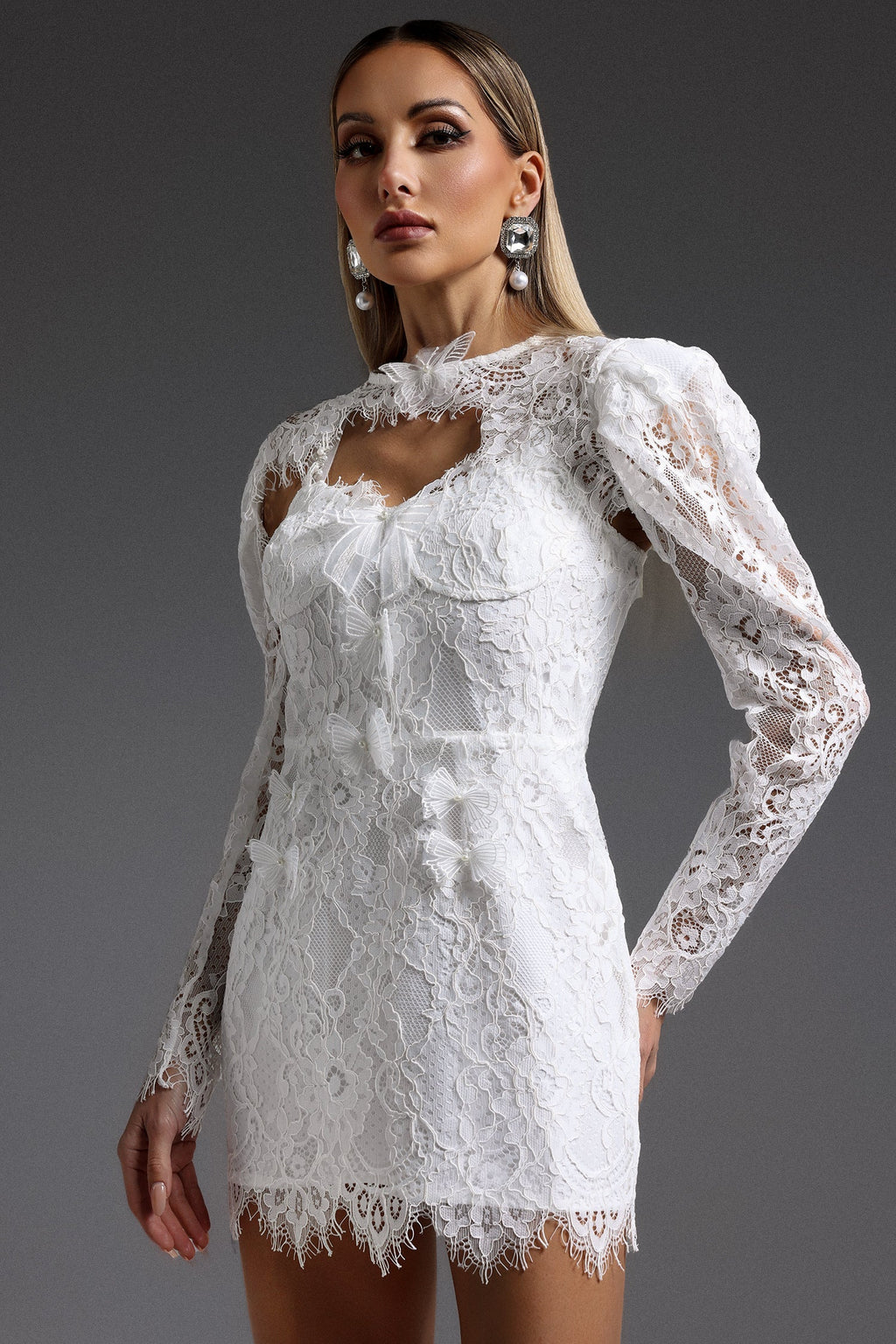 Brianna White Lace Hooded Mini Dress Puff Sleeves Floral Patterns Body-Hugging Fit