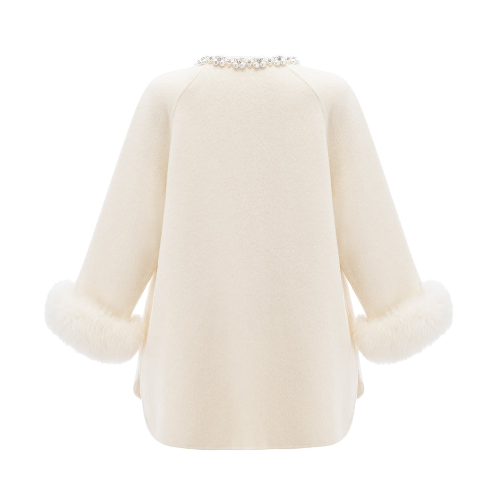 Brielle Coat - Long Sleeves - Faux - Fur Crystal & Pearl Embellishments - Front Button Fastening