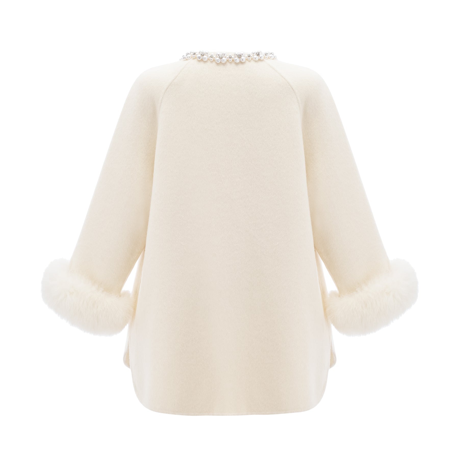 Brielle Coat - Long Sleeves - Faux - Fur Crystal & Pearl Embellishments - Front Button Fastening