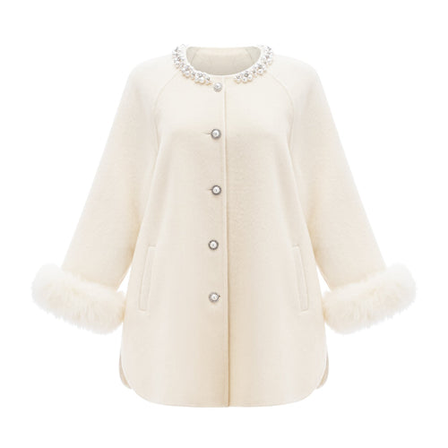 Brielle Coat - Long Sleeves - Faux - Fur Crystal & Pearl Embellishments - Front Button Fastening