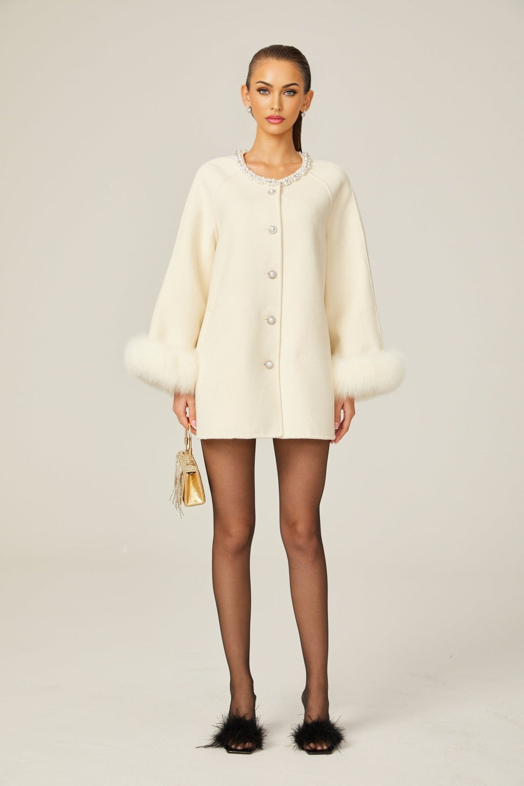 Brielle Coat - Long Sleeves - Faux - Fur Crystal & Pearl Embellishments - Front Button Fastening