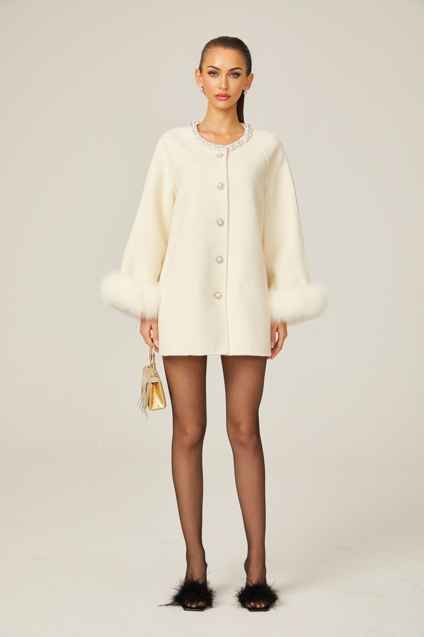 Brielle Coat - Long Sleeves - Faux - Fur Crystal & Pearl Embellishments - Front Button Fastening