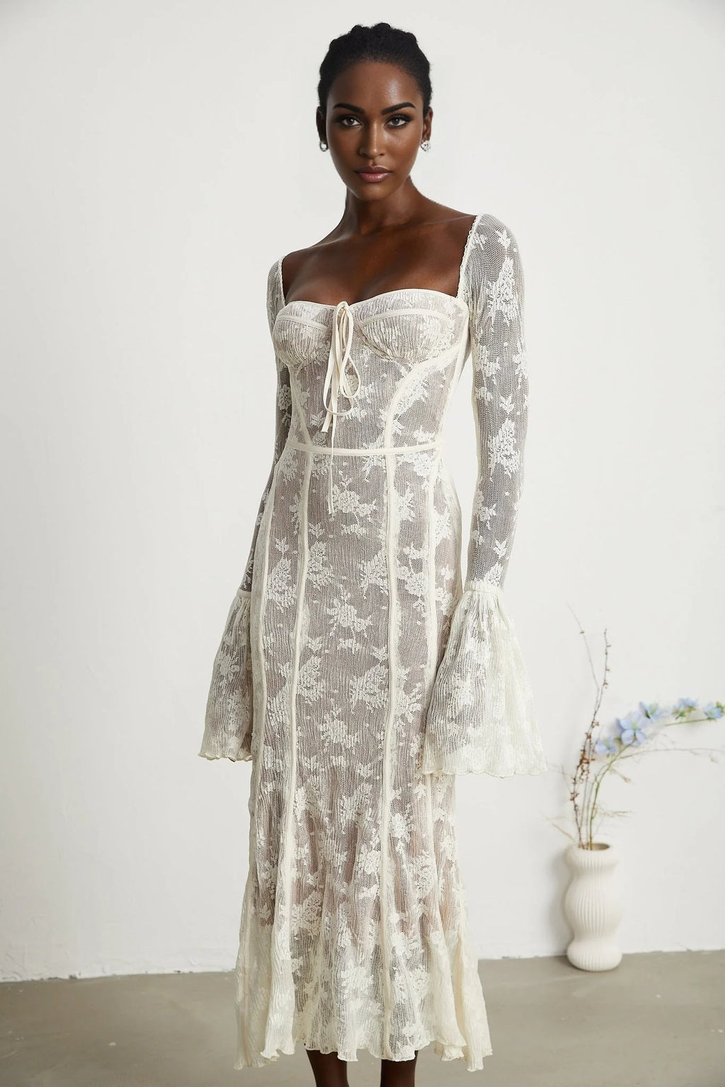 Brielle Maxi Dress - Square Neck - Lace Detailing - Bustier Style - Flared Cuffs - Front Tie & Rear Zip Fastening