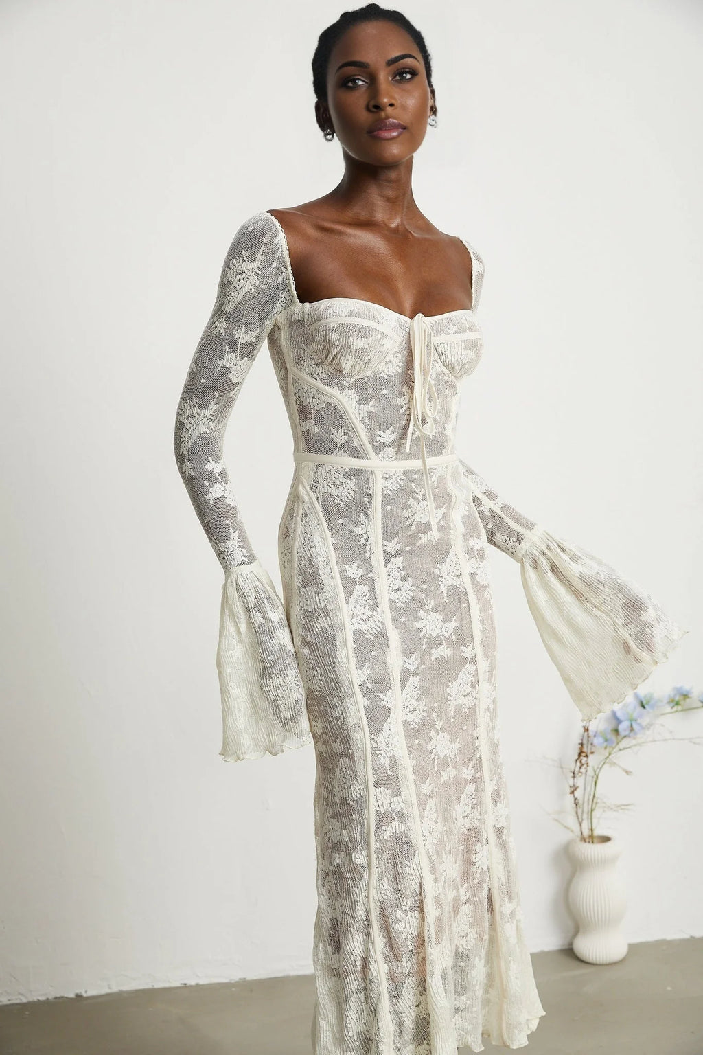 Brielle Maxi Dress - Square Neck - Lace Detailing - Bustier Style - Flared Cuffs - Front Tie & Rear Zip Fastening