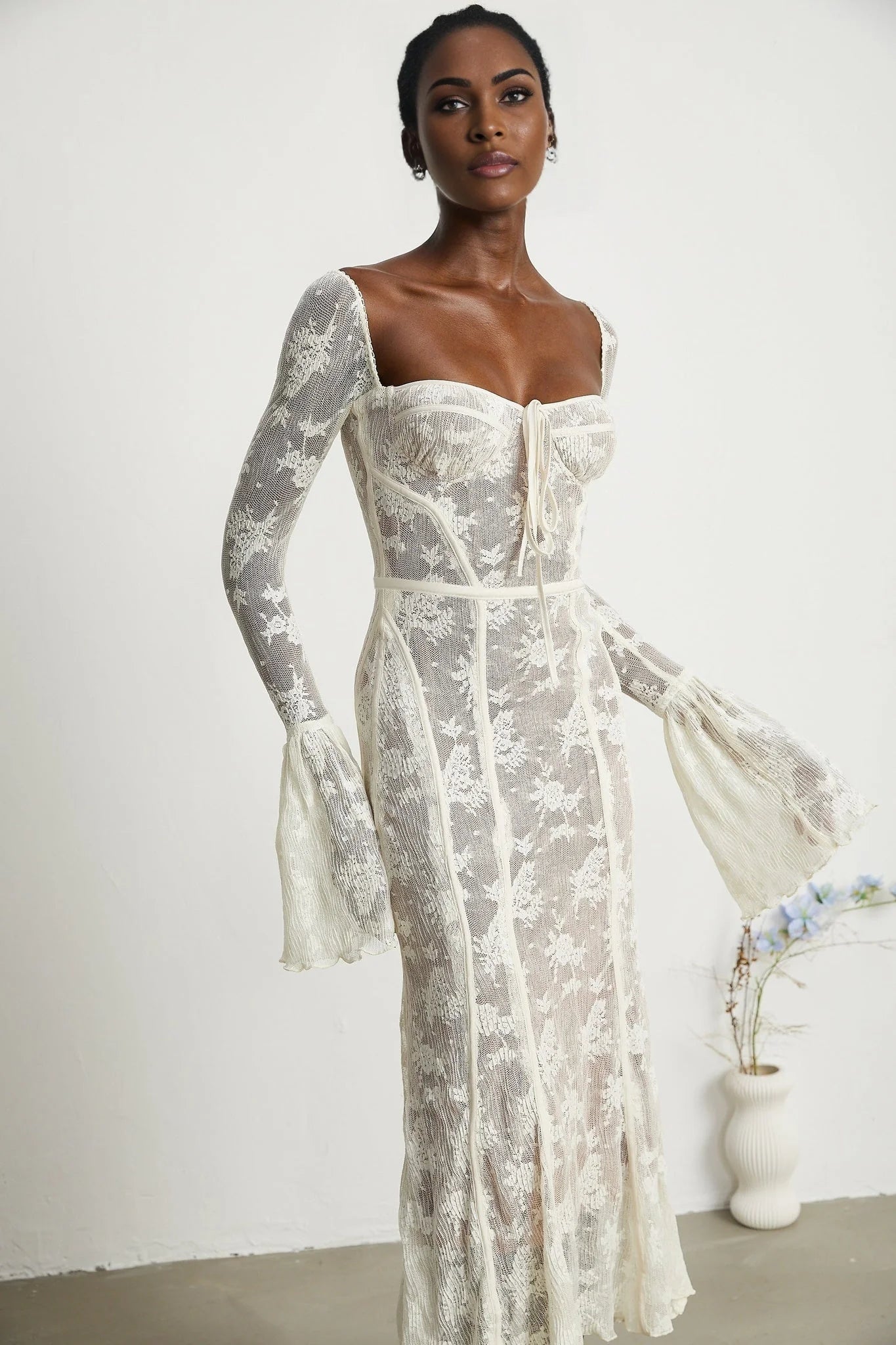 Brielle Maxi Dress - Square Neck - Lace Detailing - Bustier Style - Flared Cuffs - Front Tie & Rear Zip Fastening