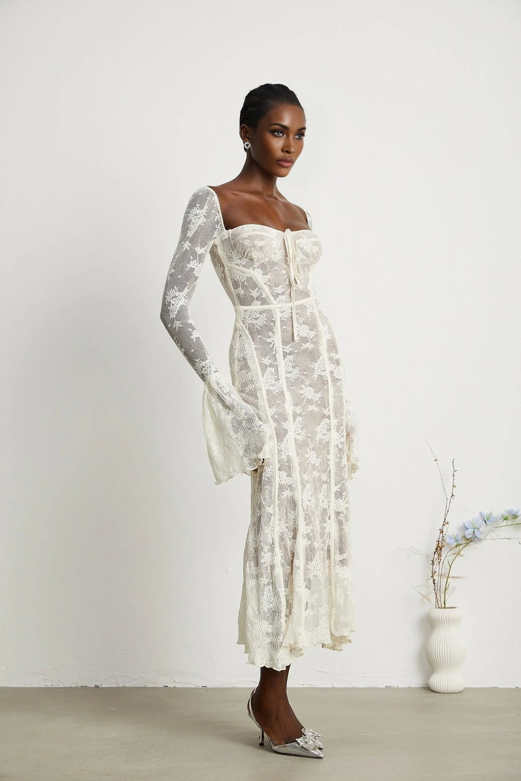 Brielle Maxi Dress - Square Neck - Lace Detailing - Bustier Style - Flared Cuffs - Front Tie & Rear Zip Fastening