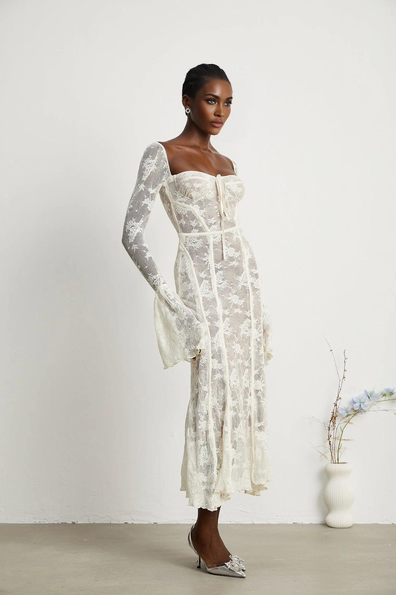 Brielle Maxi Dress - Square Neck - Lace Detailing - Bustier Style - Flared Cuffs - Front Tie & Rear Zip Fastening