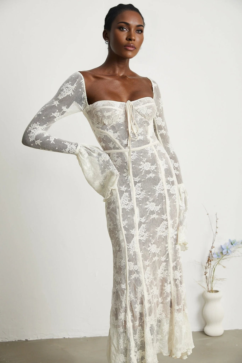 Brielle Maxi Dress - Square Neck - Lace Detailing - Bustier Style - Flared Cuffs - Front Tie & Rear Zip Fastening