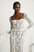 Brielle Maxi Dress - Square Neck - Lace Detailing - Bustier Style - Flared Cuffs - Front Tie & Rear Zip Fastening