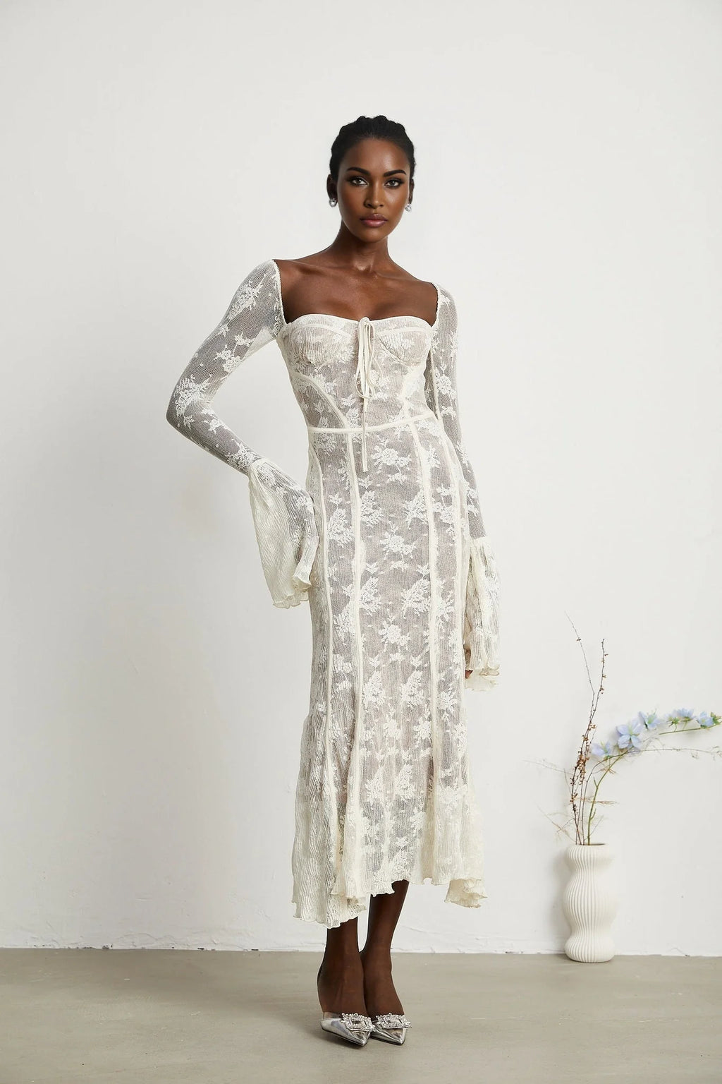 Brielle Maxi Dress - Square Neck - Lace Detailing - Bustier Style - Flared Cuffs - Front Tie & Rear Zip Fastening