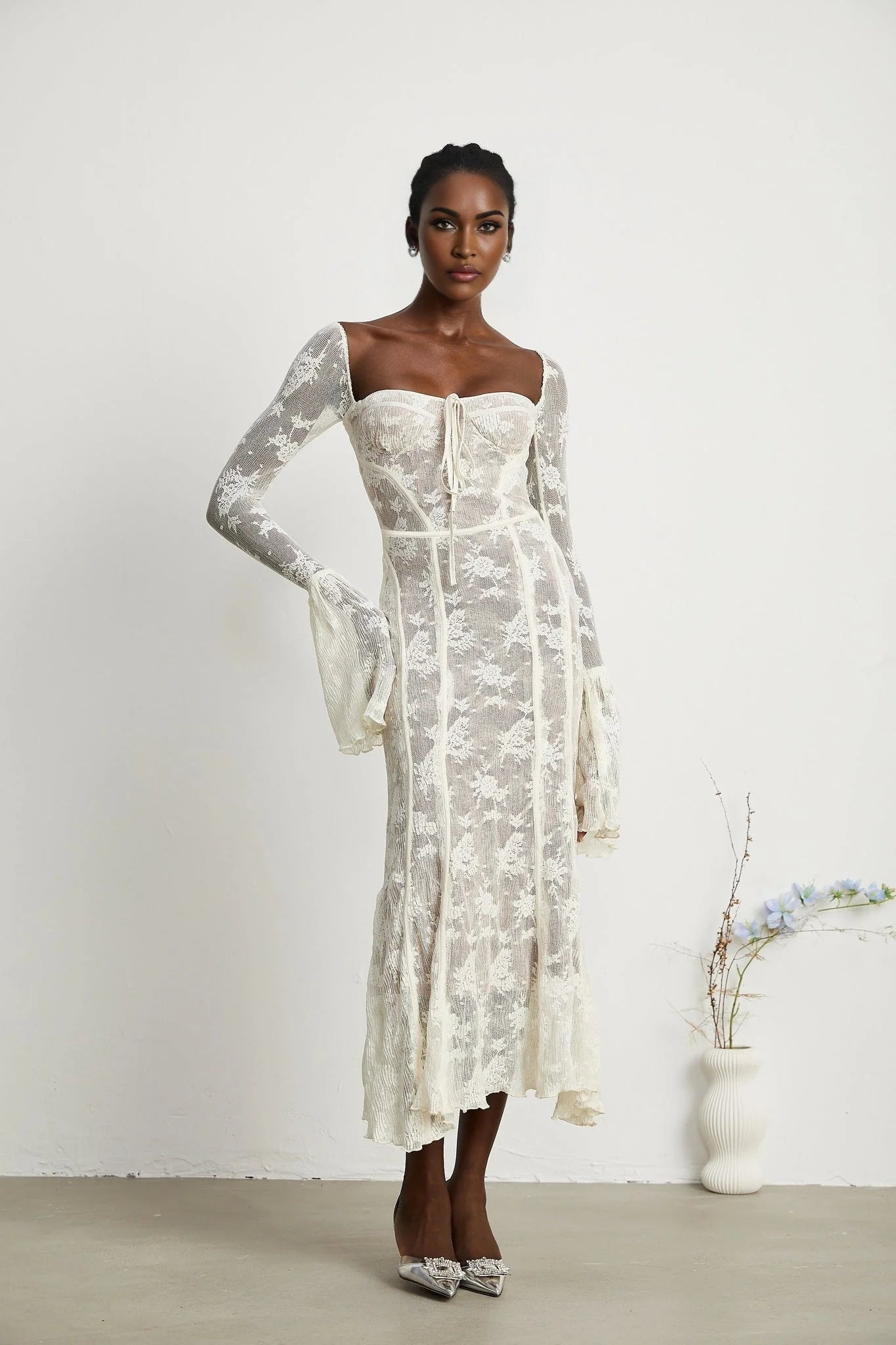 Brielle Maxi Dress - Square Neck - Lace Detailing - Bustier Style - Flared Cuffs - Front Tie & Rear Zip Fastening