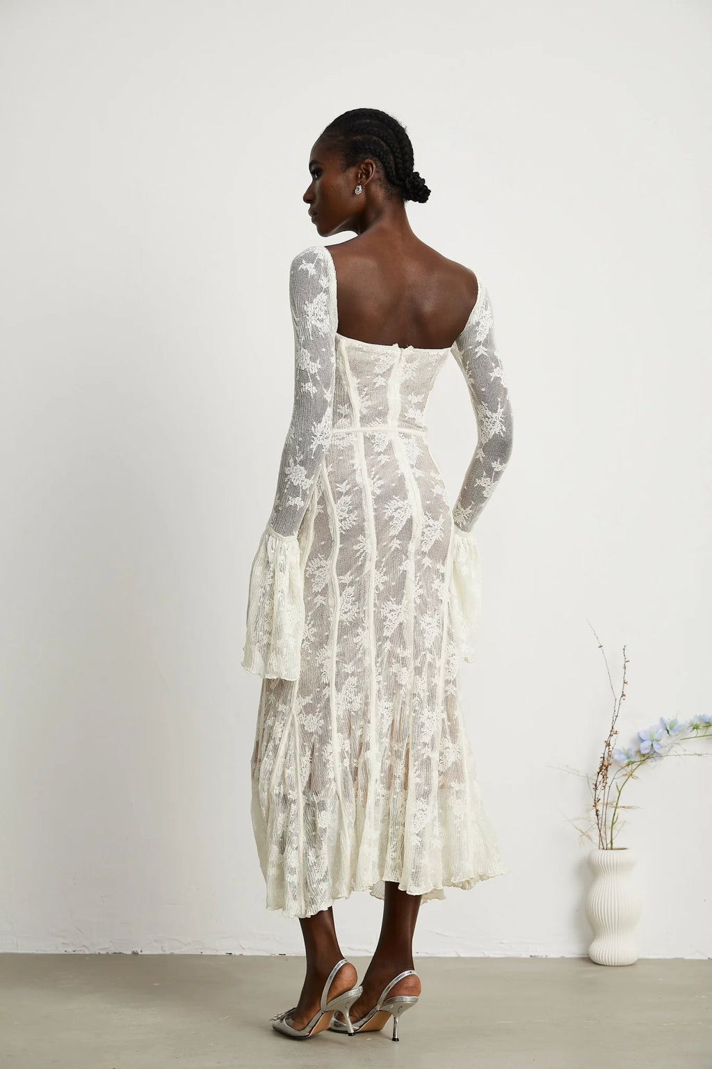 Brielle Maxi Dress - Square Neck - Lace Detailing - Bustier Style - Flared Cuffs - Front Tie & Rear Zip Fastening