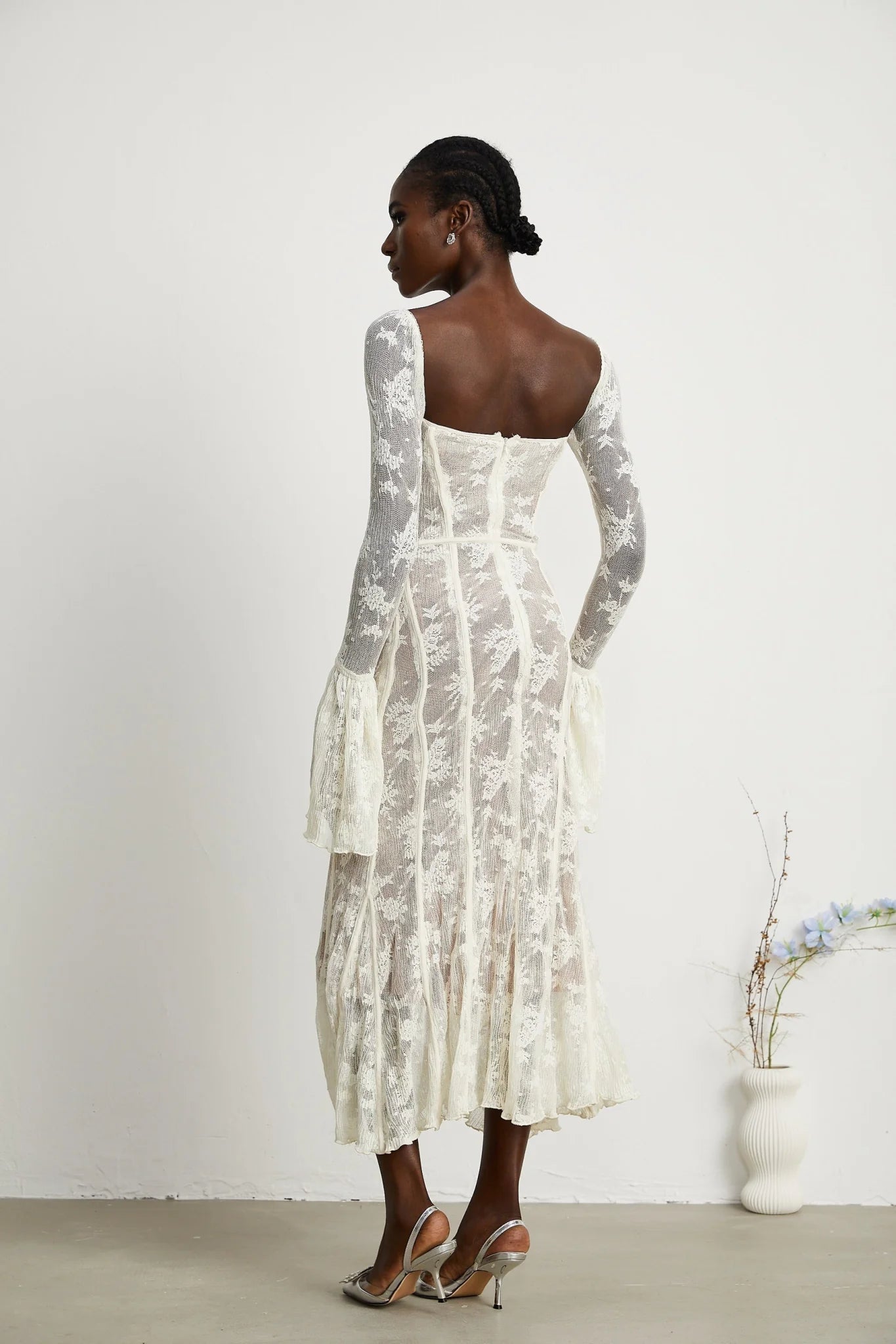 Brielle Maxi Dress - Square Neck - Lace Detailing - Bustier Style - Flared Cuffs - Front Tie & Rear Zip Fastening