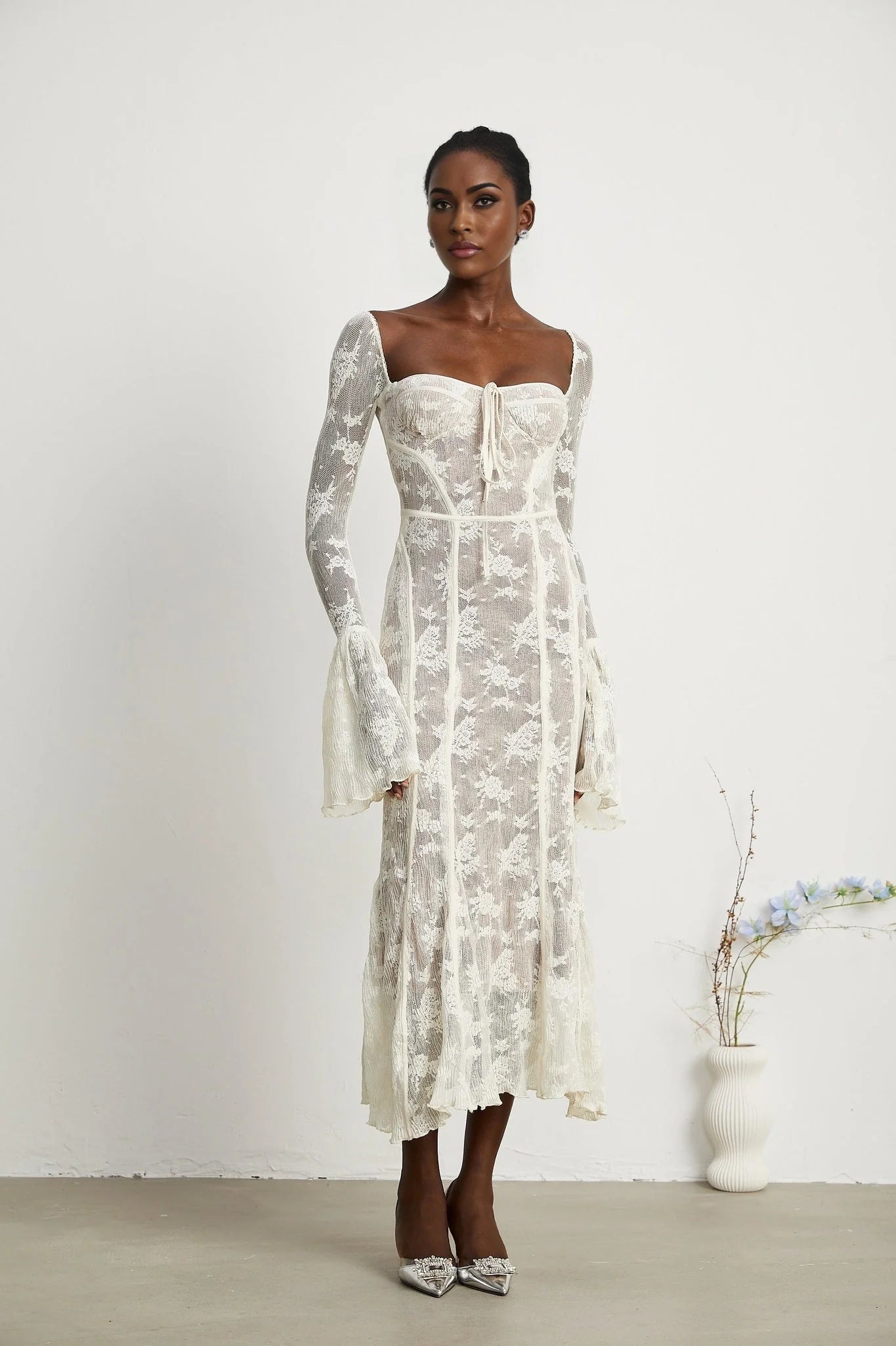 Brielle Maxi Dress - Square Neck - Lace Detailing - Bustier Style - Flared Cuffs - Front Tie & Rear Zip Fastening