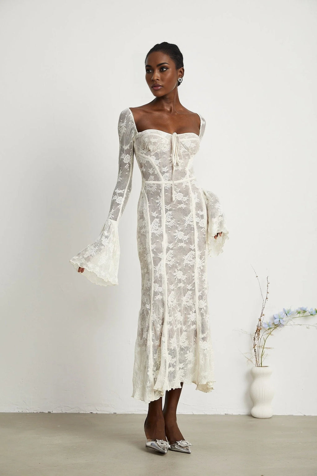 Brielle Maxi Dress - Square Neck - Lace Detailing - Bustier Style - Flared Cuffs - Front Tie & Rear Zip Fastening