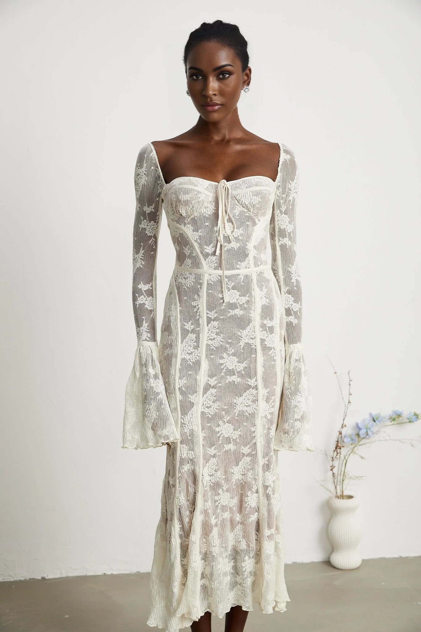 Brielle Maxi Dress - Square Neck - Lace Detailing - Bustier Style - Flared Cuffs - Front Tie & Rear Zip Fastening