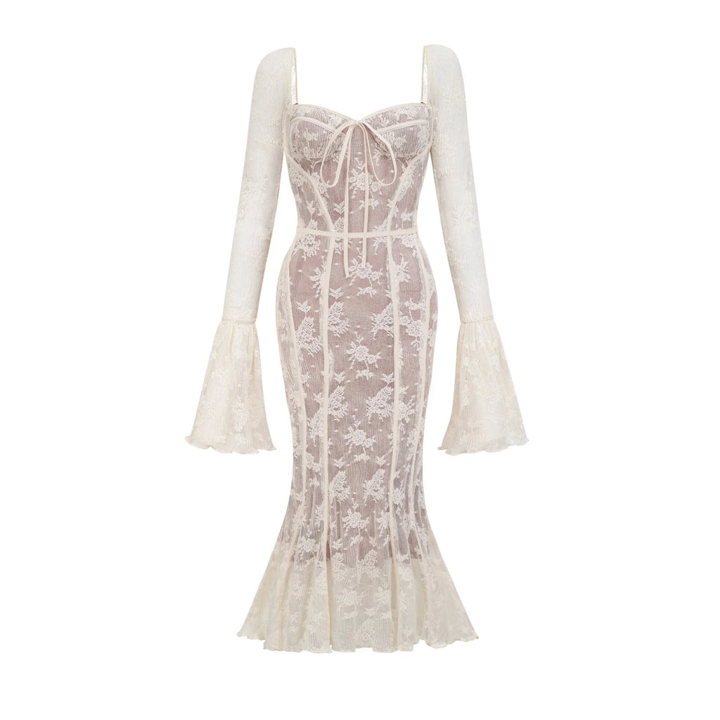 Brielle Maxi Dress - Square Neck - Lace Detailing - Bustier Style - Flared Cuffs - Front Tie & Rear Zip Fastening