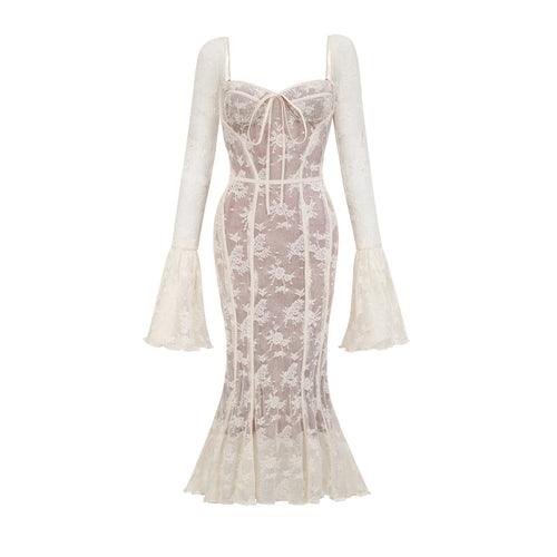 Brielle Maxi Dress - Square Neck - Lace Detailing - Bustier Style - Flared Cuffs - Front Tie & Rear Zip Fastening