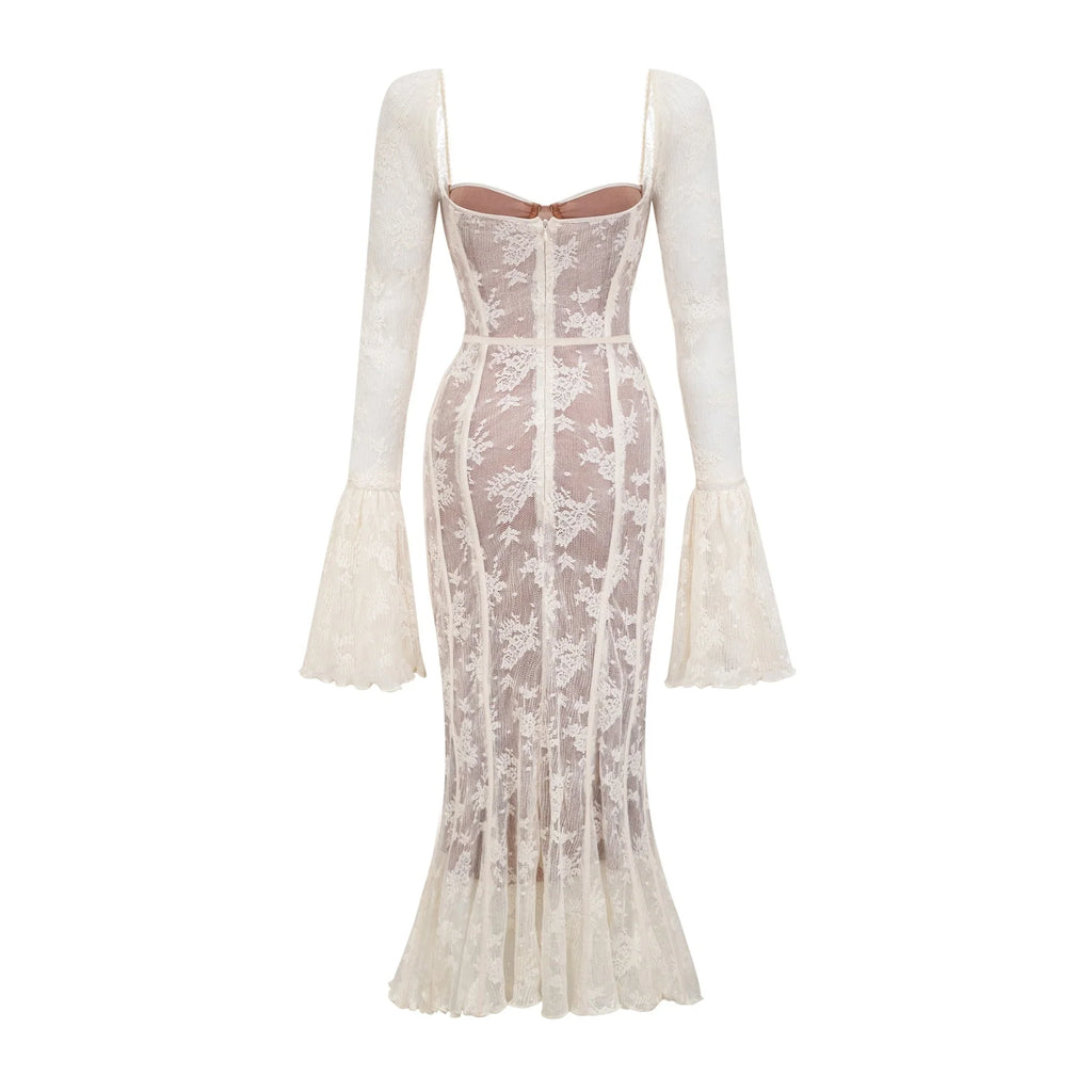 Brielle Maxi Dress - Square Neck - Lace Detailing - Bustier Style - Flared Cuffs - Front Tie & Rear Zip Fastening