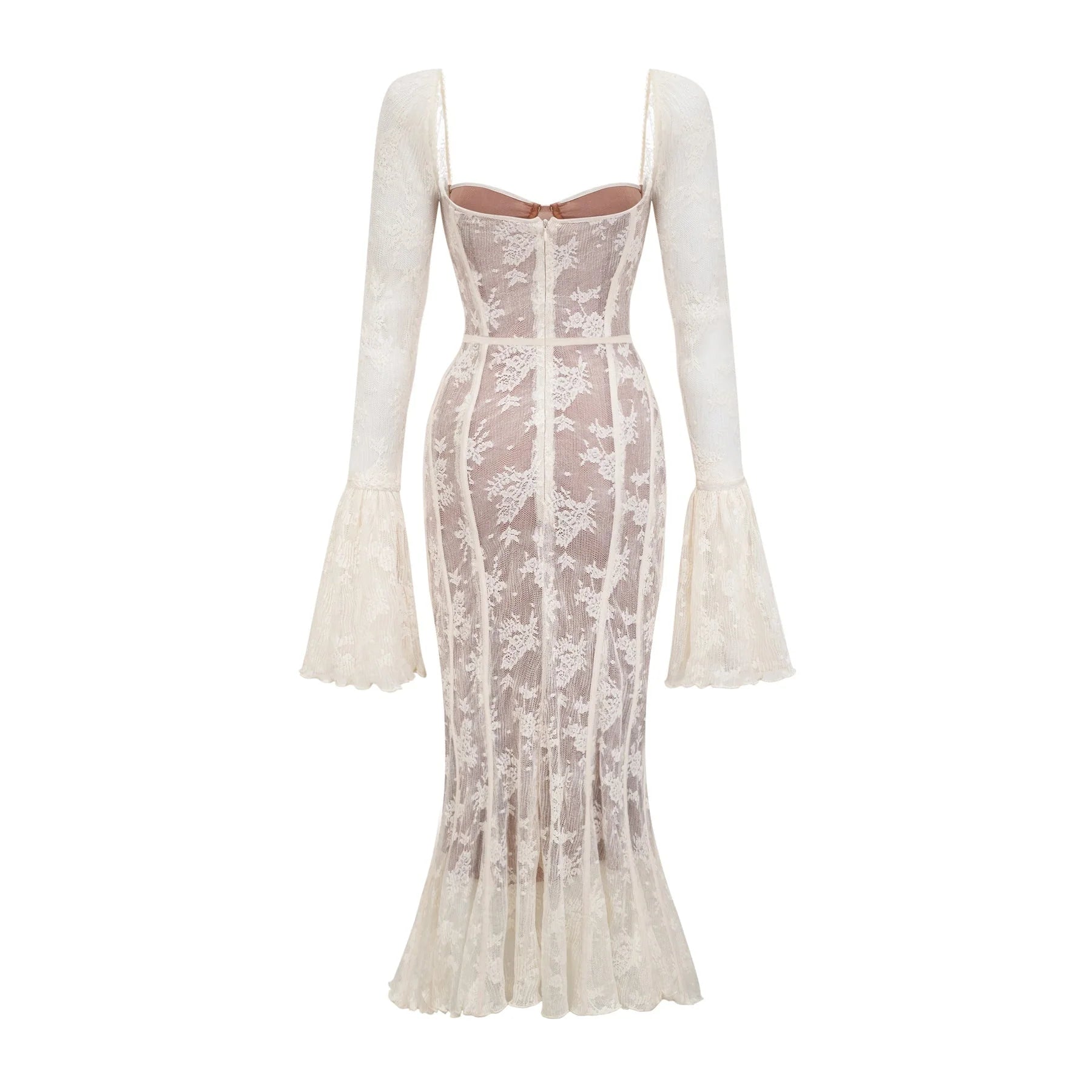 Brielle Maxi Dress - Square Neck - Lace Detailing - Bustier Style - Flared Cuffs - Front Tie & Rear Zip Fastening