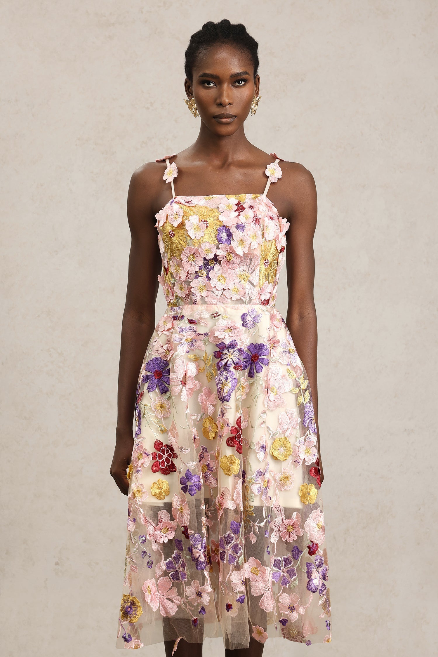 Brielle Pink Floral Embroidered Fit and Flare Midi Dress