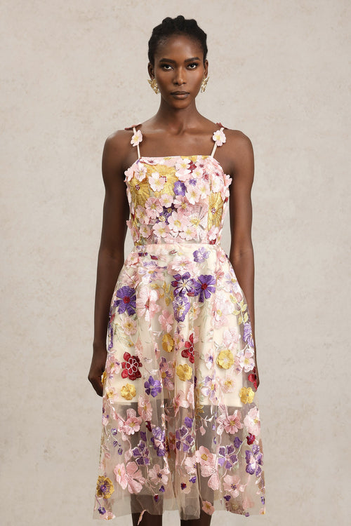 Brielle Pink Floral Embroidered Fit and Flare Midi Dress