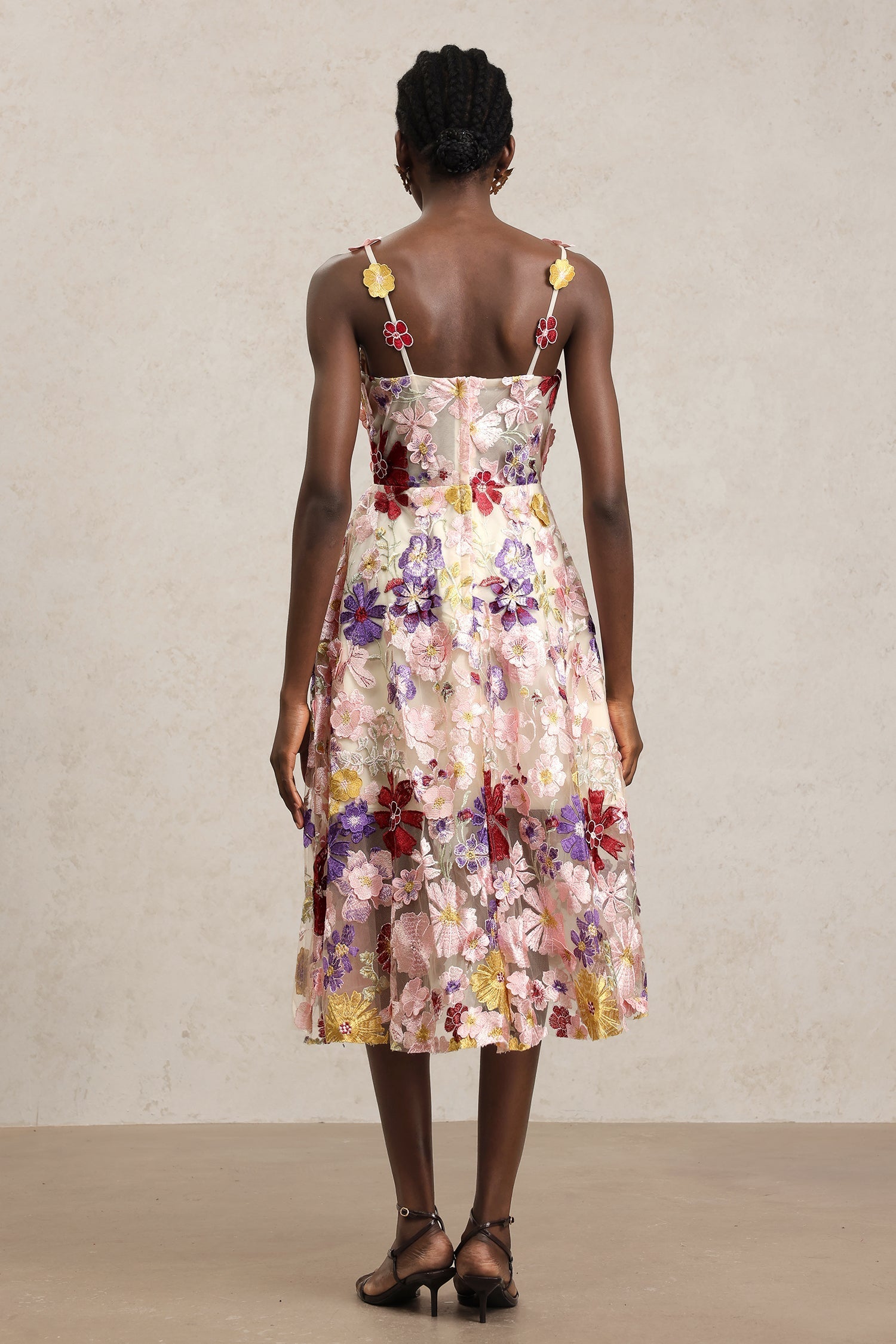 Brielle Pink Floral Embroidered Fit and Flare Midi Dress