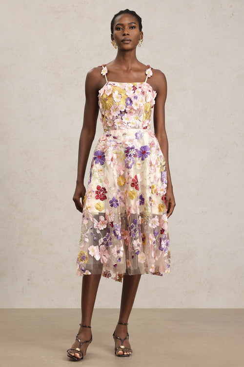 Brielle Pink Floral Embroidered Halter Midi Dress