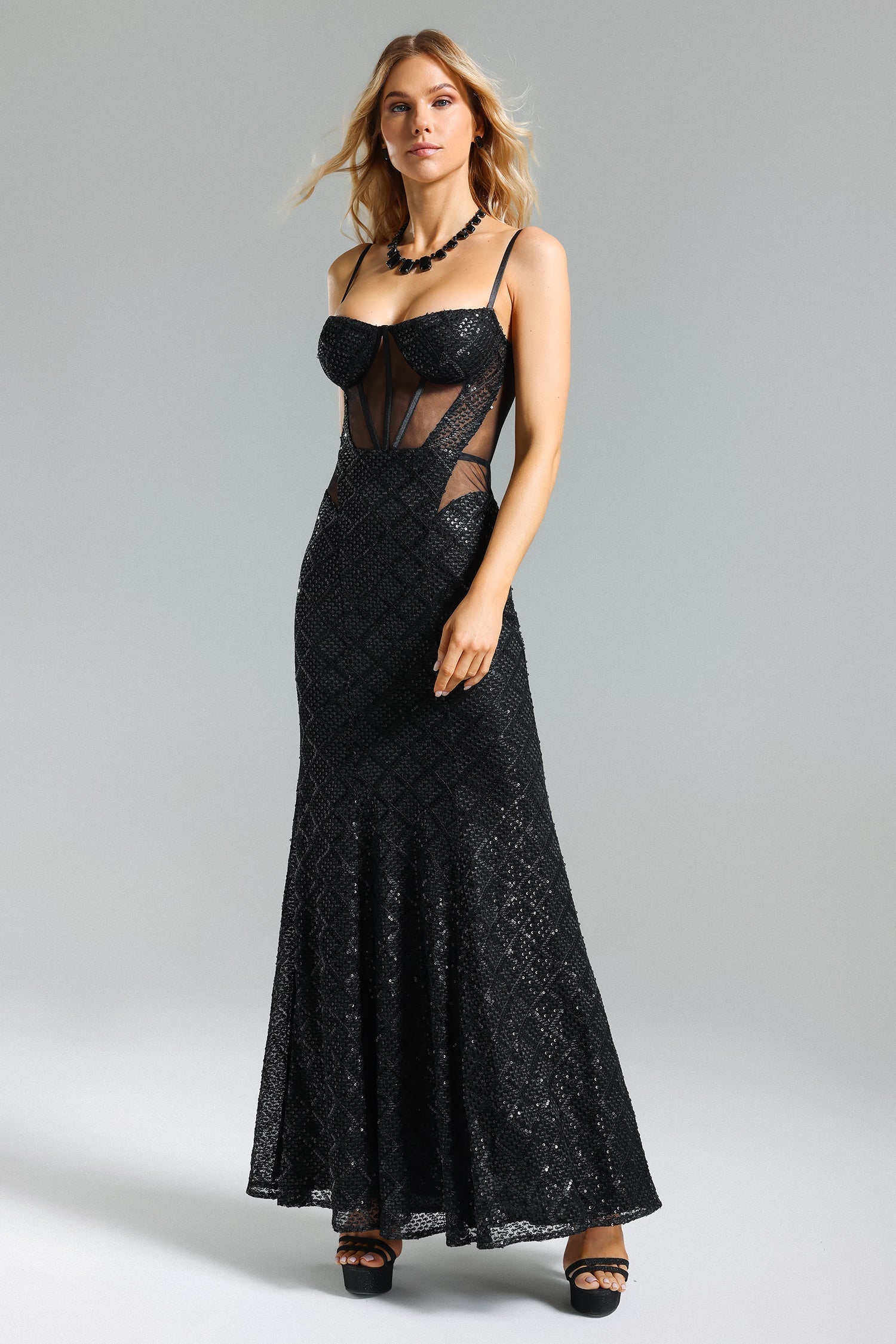 Brinley Black Mesh Overlay Sequin Detail Maxi Dress