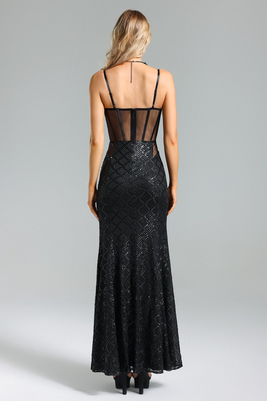 Brinley Black Mesh Overlay Sequin Maxi Dress for Women