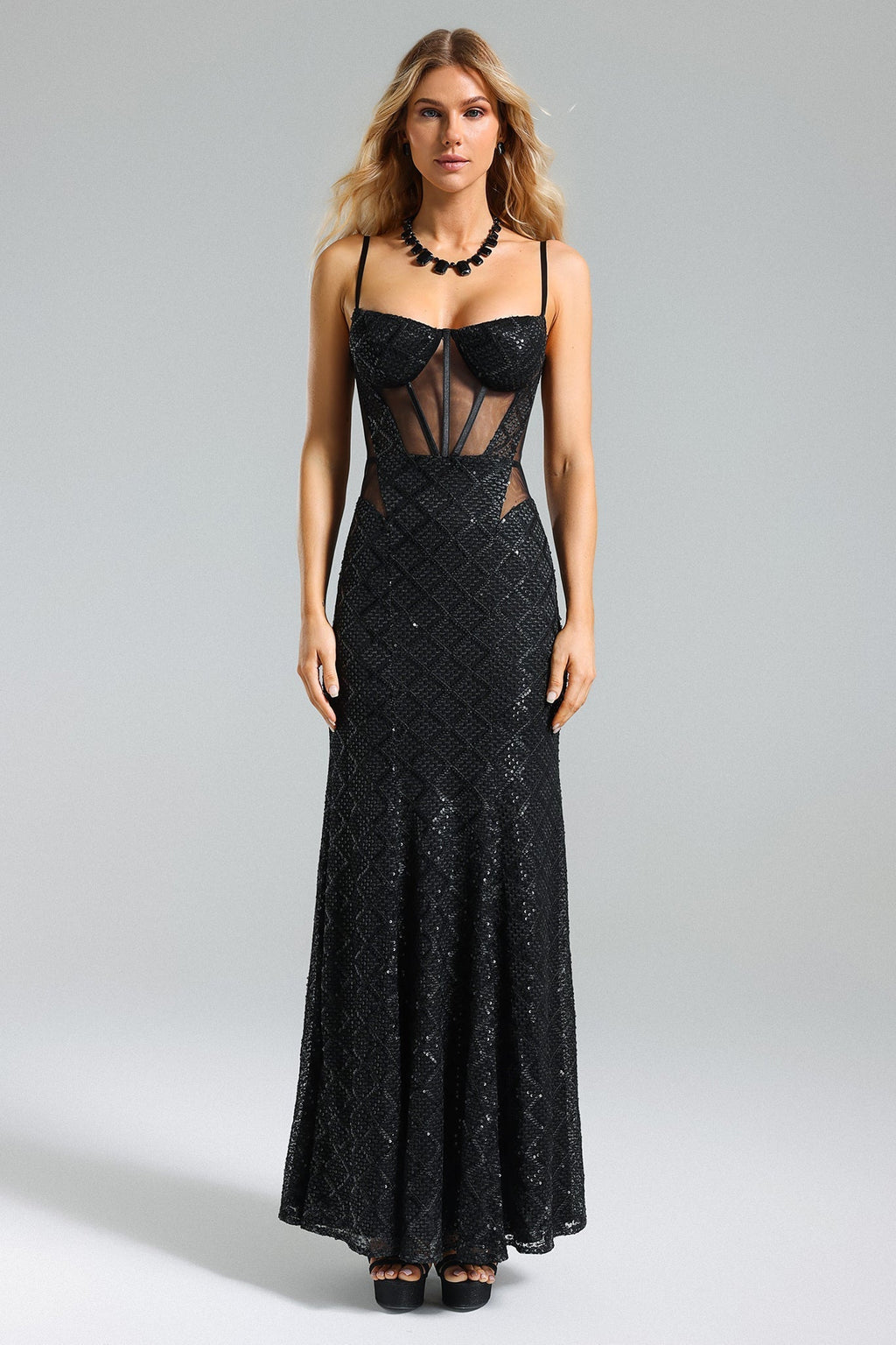 Brinley Black Sequin Mesh Maxi Dress