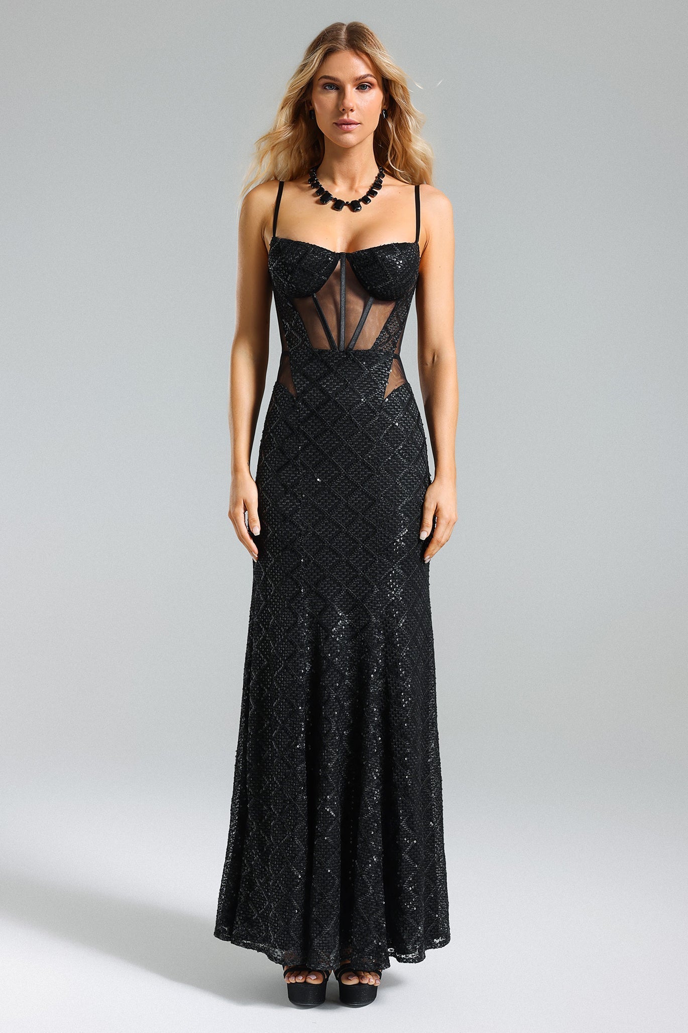 Brinley Black Sequin Mesh Maxi Dress