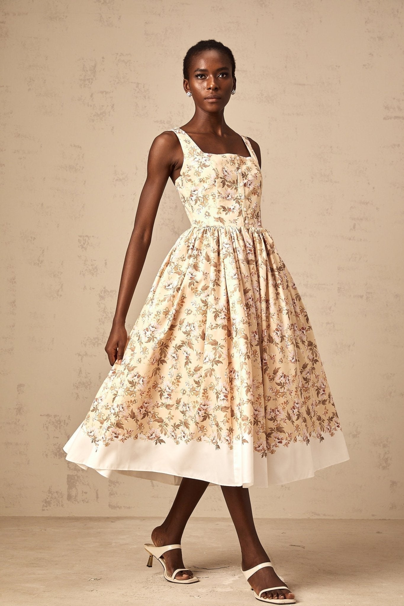 Brinley Floral Midi Dress - Sleeveless Square Neck - Front Pleat Detailing - Stylish Front Slit - Button & Side Zip Fastening