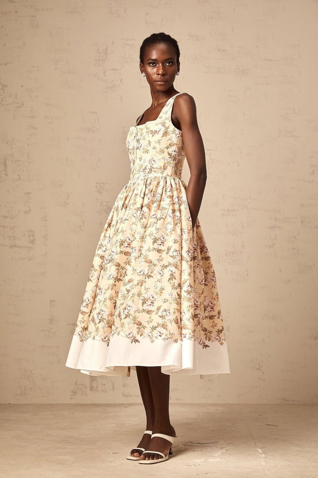 Brinley Floral Midi Dress - Sleeveless Square Neck - Front Pleat Detailing - Stylish Front Slit - Button & Side Zip Fastening