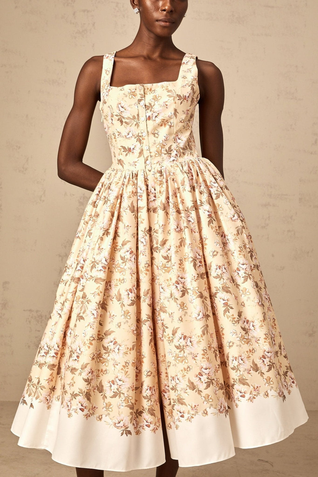 Brinley Floral Midi Dress - Sleeveless Square Neck - Front Pleat Detailing - Stylish Front Slit - Button & Side Zip Fastening