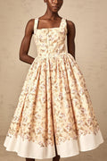 Brinley Floral Midi Dress - Sleeveless Square Neck - Front Pleat Detailing - Stylish Front Slit - Button & Side Zip Fastening