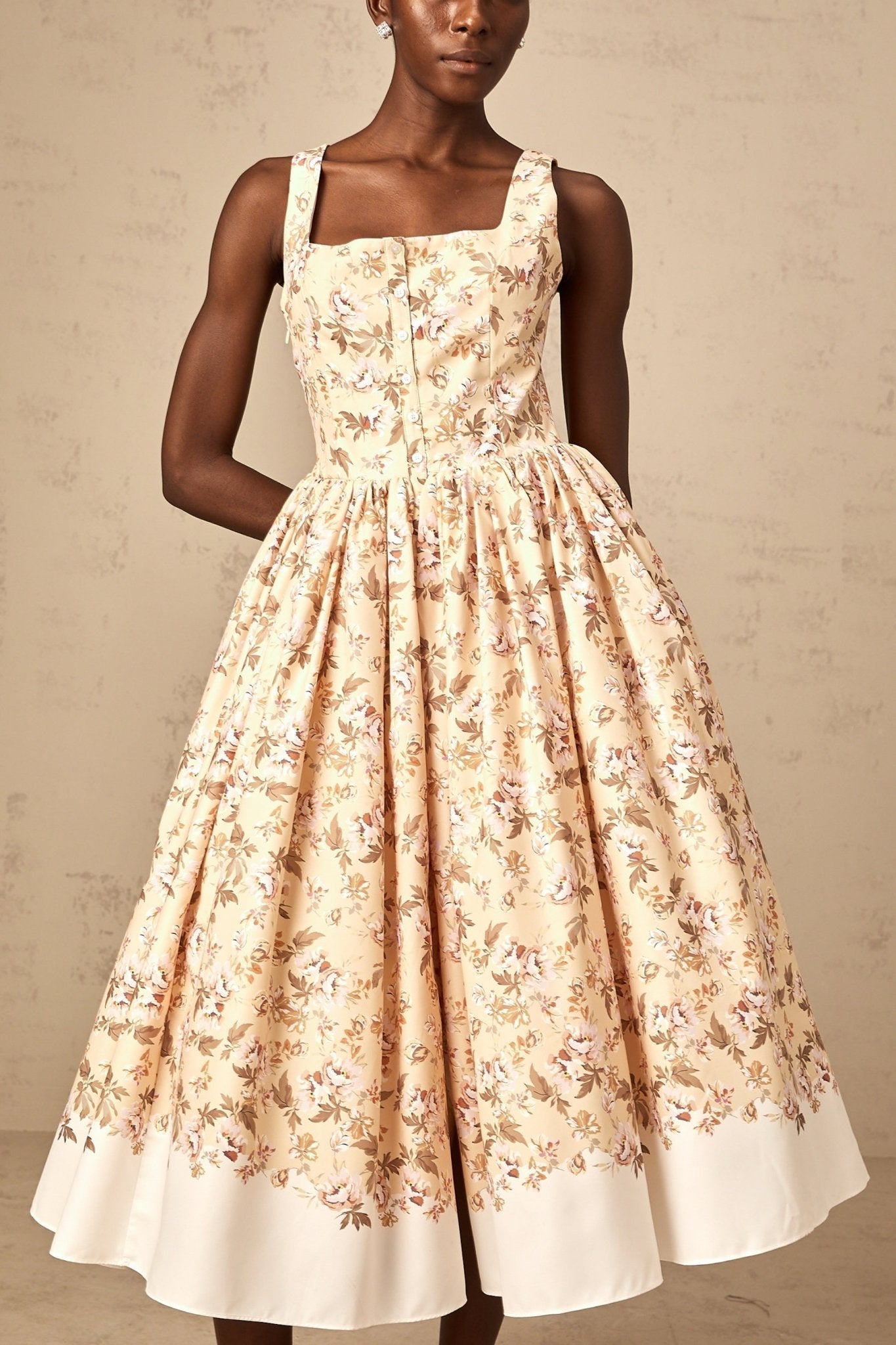 Brinley Floral Midi Dress - Sleeveless Square Neck - Front Pleat Detailing - Stylish Front Slit - Button & Side Zip Fastening