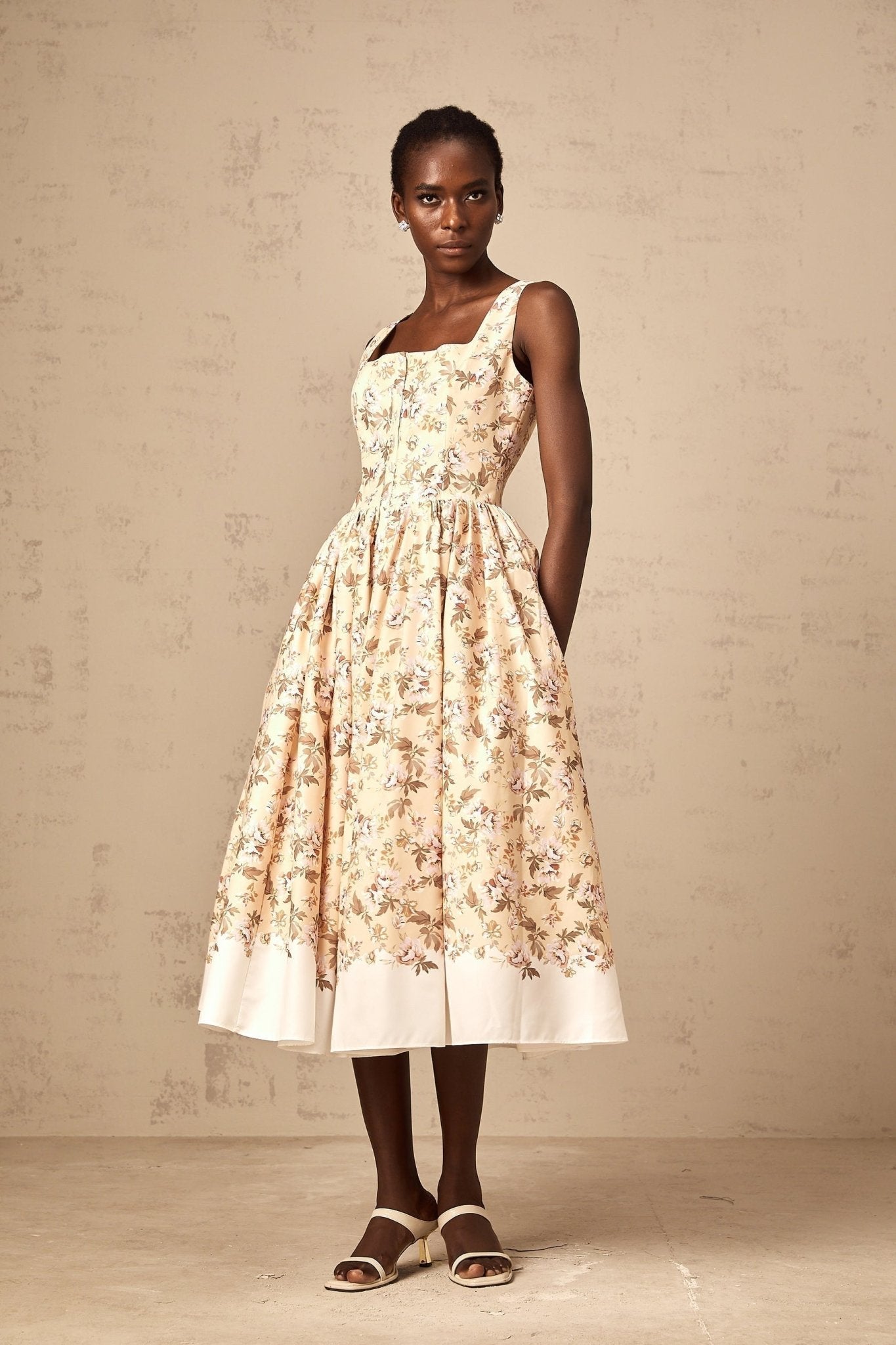 Brinley Floral Midi Dress - Sleeveless Square Neck - Front Pleat Detailing - Stylish Front Slit - Button & Side Zip Fastening