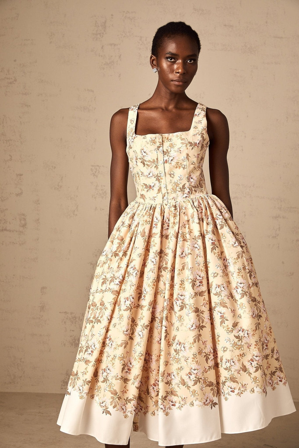 Brinley Floral Midi Dress - Sleeveless Square Neck - Front Pleat Detailing - Stylish Front Slit - Button & Side Zip Fastening