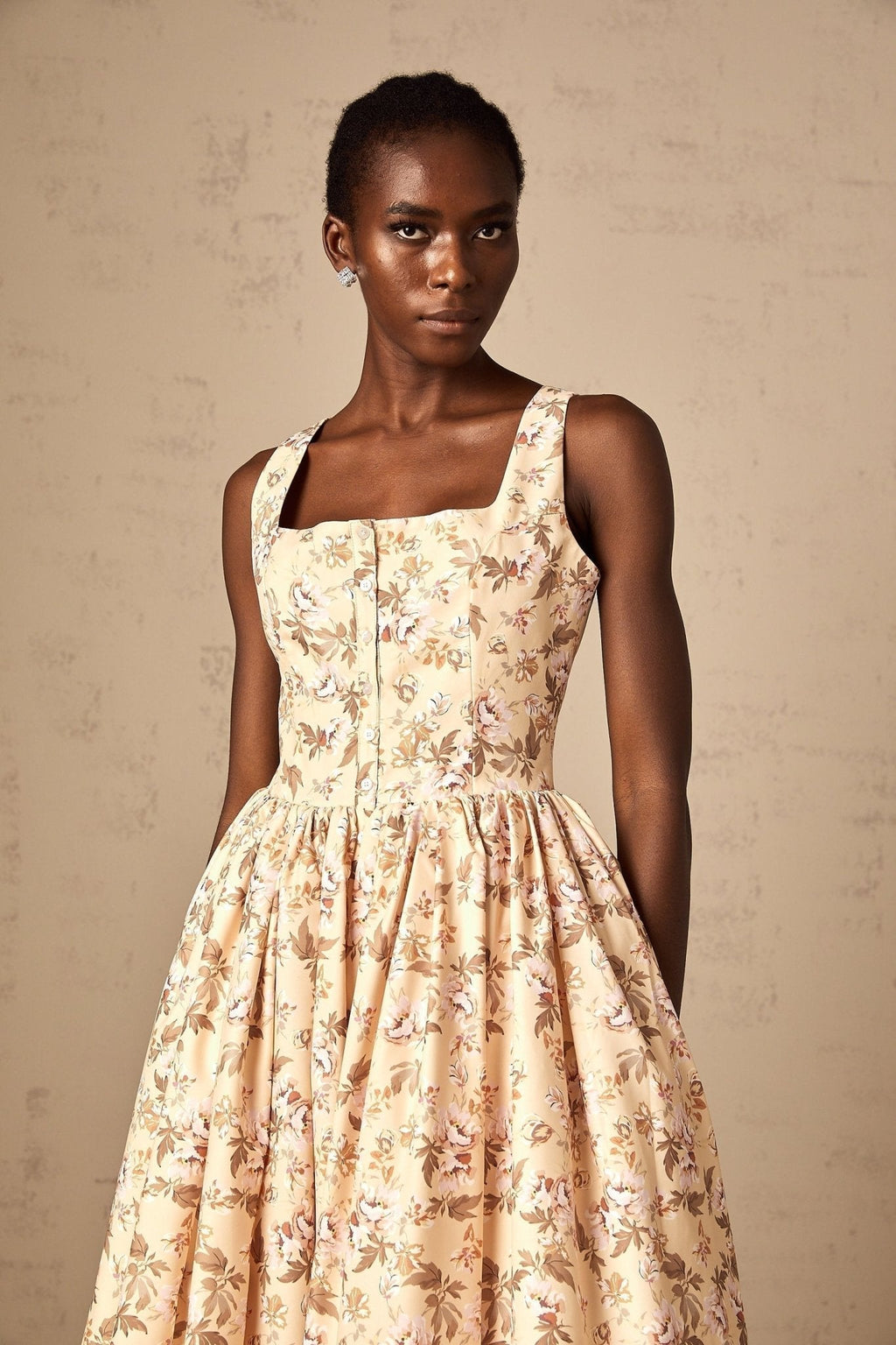 Brinley Floral Midi Dress - Sleeveless Square Neck - Front Pleat Detailing - Stylish Front Slit - Button & Side Zip Fastening
