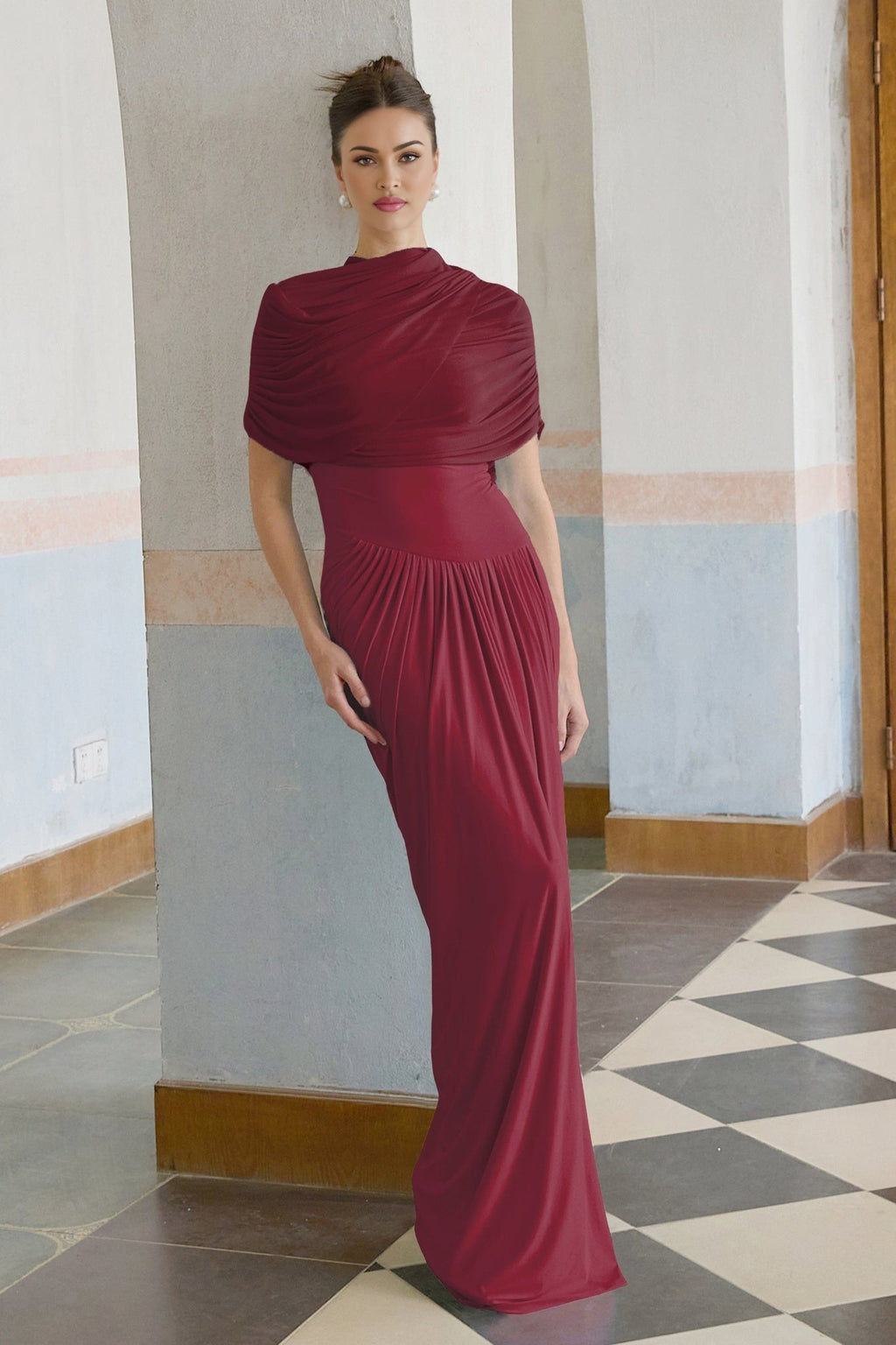 Brinley Maxi Dress - Crew Neck - Sleeveless - Asymmetrical Design with Pleats - Includes Unique Shawl