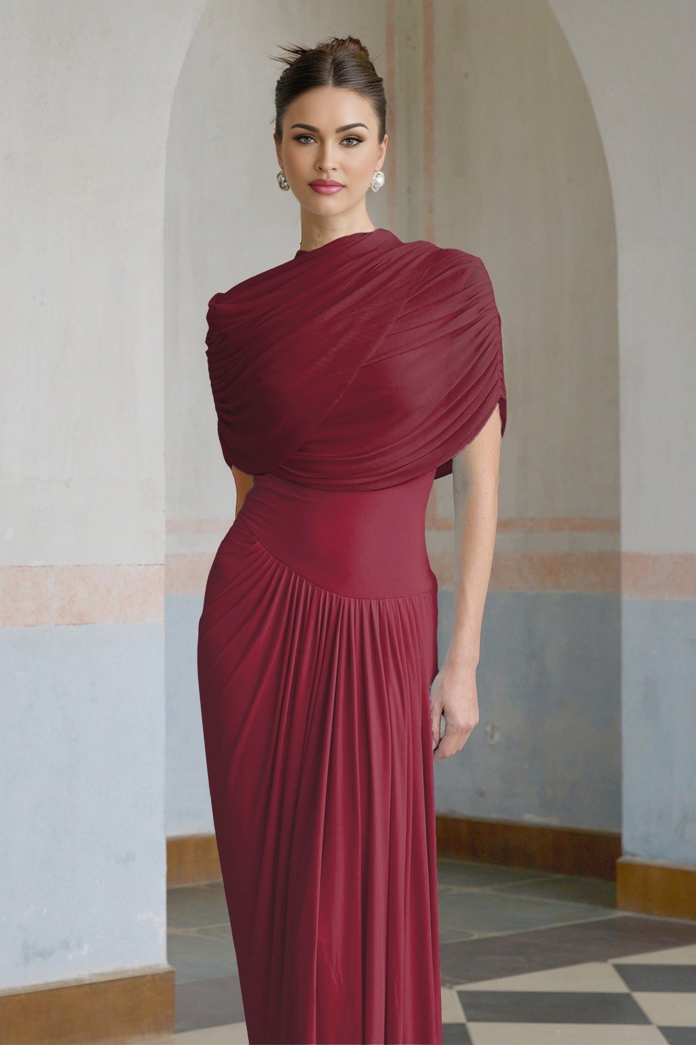 Brinley Maxi Dress - Crew Neck - Sleeveless - Asymmetrical Design with Pleats - Includes Unique Shawl
