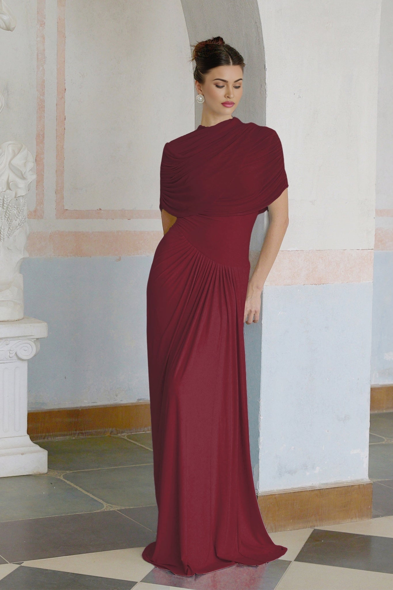 Brinley Maxi Dress - Crew Neck - Sleeveless - Asymmetrical Design with Pleats - Includes Unique Shawl