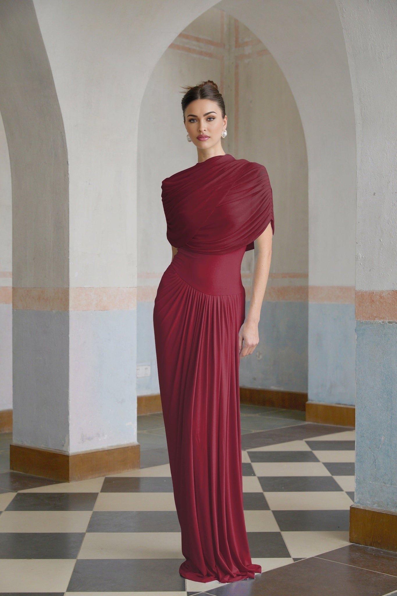 Brinley Maxi Dress - Crew Neck - Sleeveless - Asymmetrical Design with Pleats - Includes Unique Shawl
